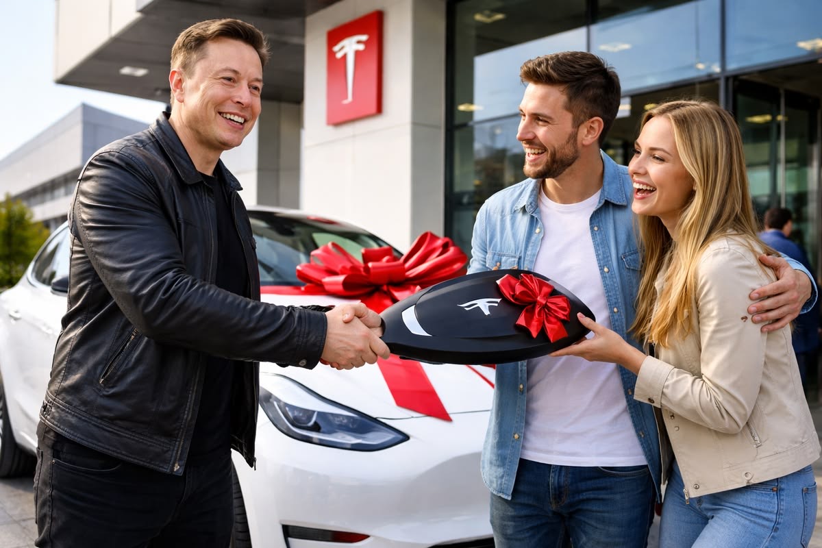 Couple receiving an oversized key beside a white Tesla